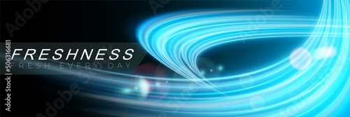 Blue dynamic energy curves. Stream of fresh menthol aroma waves. Fresh perfume odor. Packaging design. Vector illustration.