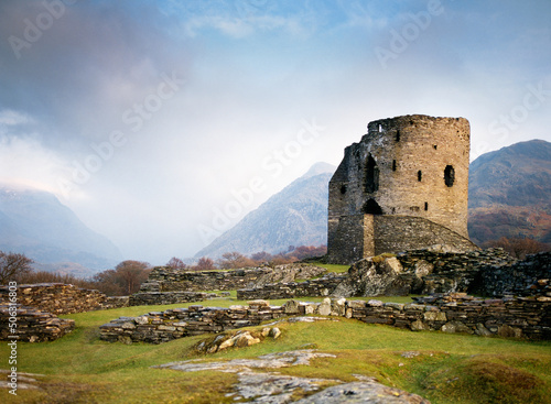 Mediaeval Dolbadarn Castle, Gwynedd, Wales, UK. Looking SE up the valley of Nant Beris to Llanberis Pass