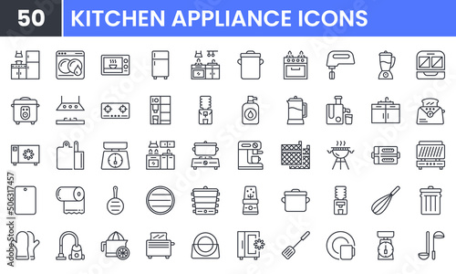 Kitchen Appliances vector line icon set. Contains linear outline icons like Microwave, Blender, Oven, Juicer, Cooker, Mixer, Washer, Fridge, Stove, Sink, Kitchenware, Cookware. Editable use and stroke