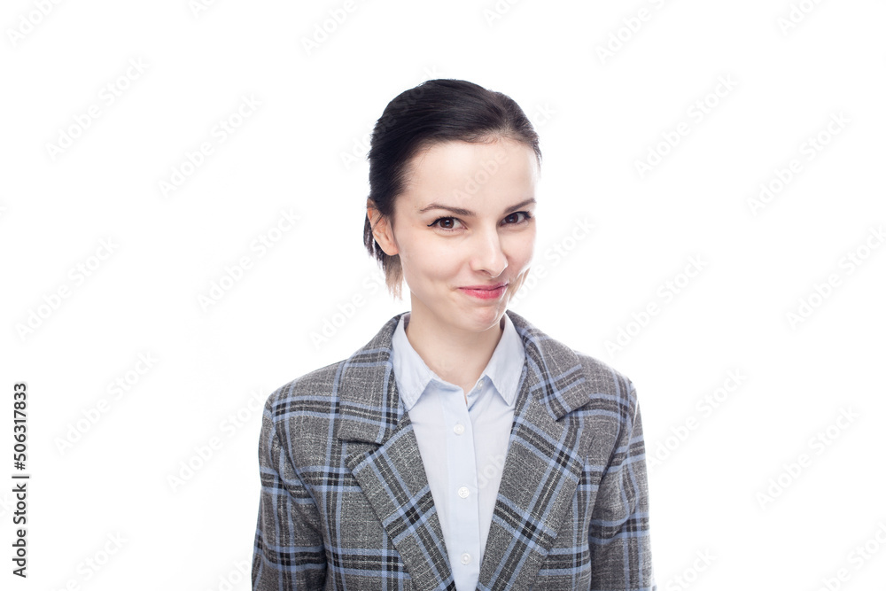 honey brunette woman manager in a cleaning suit, white background honey brunette woman manager in a cleaning suit, white background