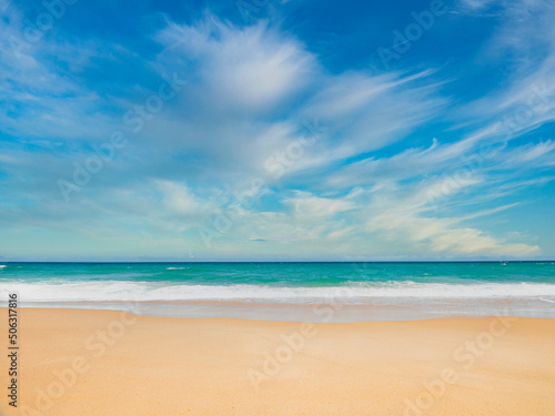 Beautiful tropical beach with blue sky abstract texture background. Copy space of summer vacation and holiday business travel concept. Vintage tone filter effect color style.