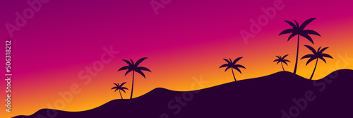 summer vibes  silhouette illustration of a hill with coconut trees in a unique color of the twilight sky