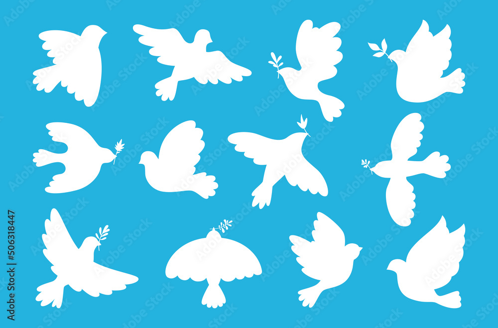 Fototapeta premium Peace symbol dove set. Flying bird dove with olive branch sign, peace and love pigeon icon. Freedom, humanity emblem peaceful and no war concept. Isolated silhouette simple logo design elements