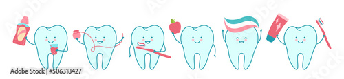 Tooth cartoon dental mascot set. Orthodontic kawaii teeth character with toothbrush, toothpaste, dental floss, mouthwash. Mouth cleaning, healthcare oral hygiene concept. Dentistry baby vector
