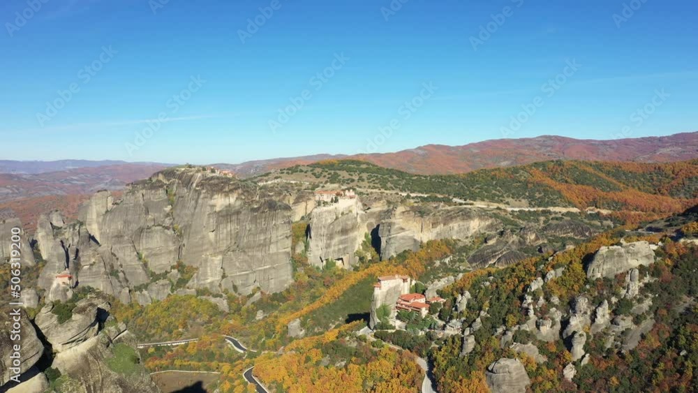 The panoramic view of Meteora in Europe, Greece, Thessaly in autumn on a sunny day. The panoramic view of Meteora in Europe, Greece, Thessaly in autumn on a sunny day.