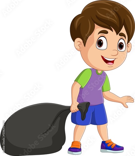 Cartoon little boy holding black plastic bag