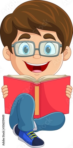Cartoon little boy sitting and reading a book
