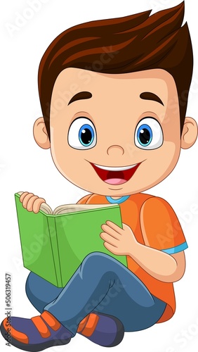 Cartoon little boy sitting and reading a book