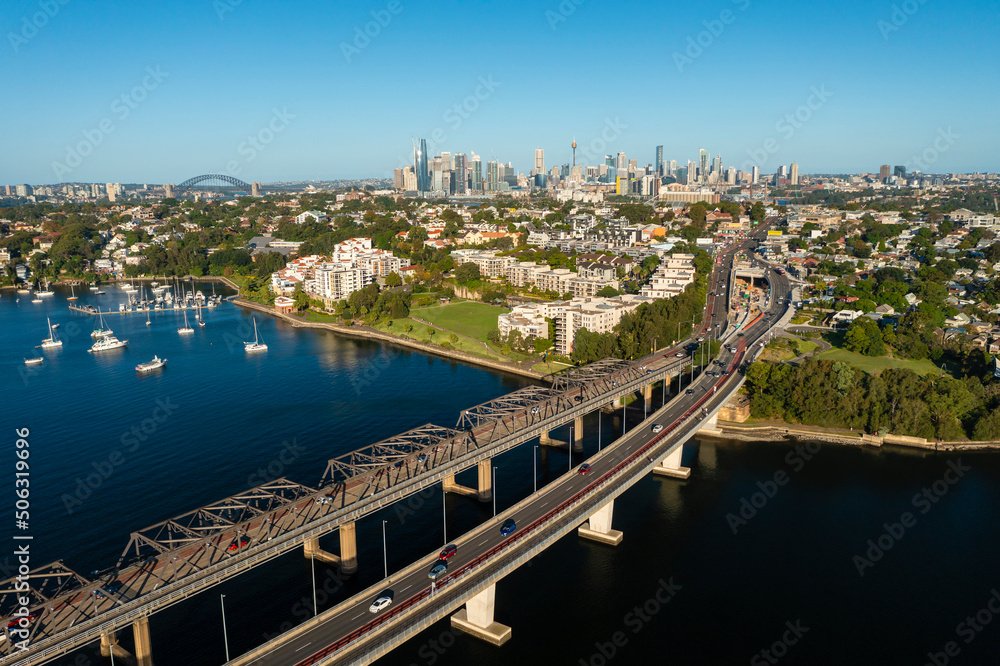 Aerial view of major road connected to Sydney CBD in Australia - obrazy, fototapety, plakaty 