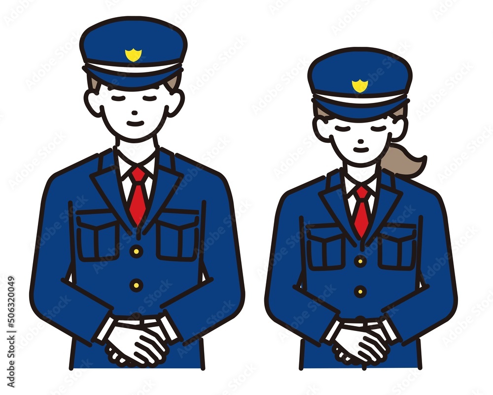 お辞儀をする男女の警備員の上半身のベクターイラスト素材／ガードマン／交通誘導／ビル