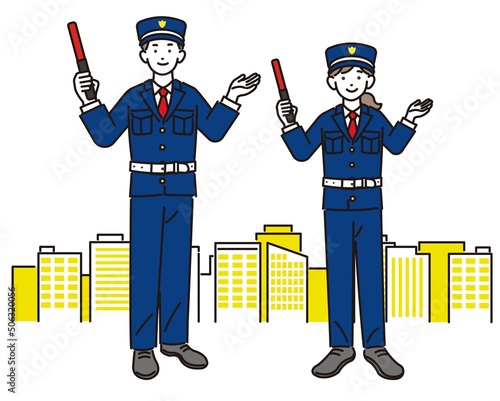 ビルと男女の警備員のベクターイラスト素材／ガードマン／交通誘導／ビル