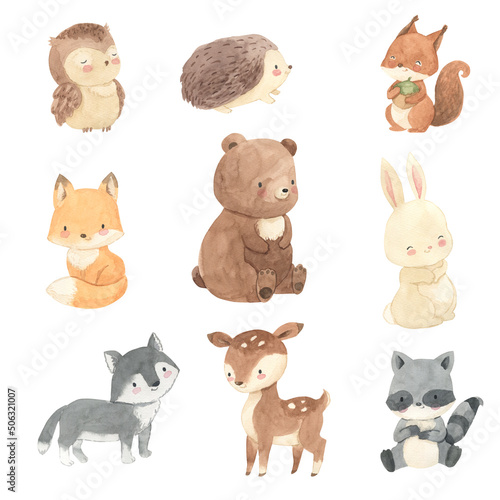 Watercolor woodland animals. Bear, fox, bunny, raccoon, illustration for kids © Olga Listopad
