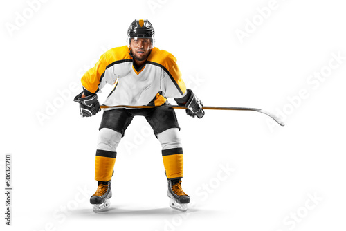 Professional hockey player. Sports emotions.Isolated on the white. Hockey player in the helmet and gloves on white background