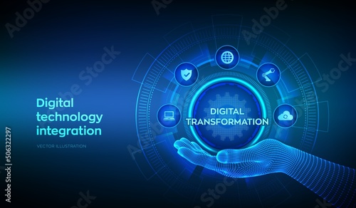 Digital transformation. Concept of digitization of business processes and modern technology in wireframe hand. Disruption, innovation solutions. Vector illustration.