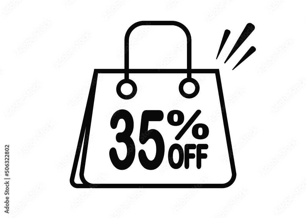 35 percent discount bag. Black and white banner with floating bag for promotions and offers. 35 percent discount bag. Black and white banner with floating bag for promotions and offers.