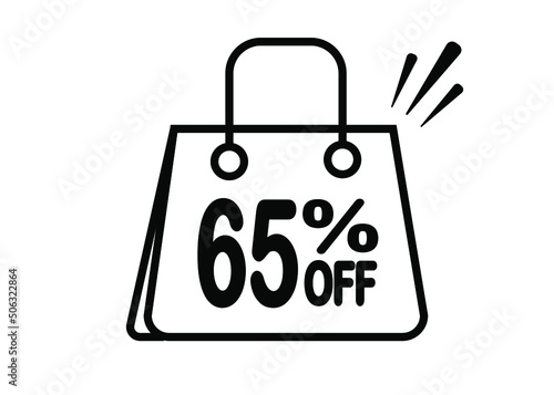 65 percent discount bag. Black and white banner with floating bag for promotions and offers.