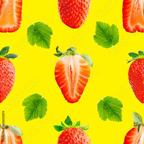 Fresh strawberry seamless pattern. Ripe strawberries isolated on yellow. Package design background. Falling strawberry selective focus.