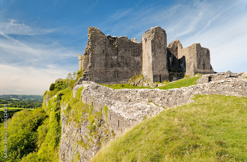 Carreg Cennen castle, near Llandeilo, Wales, UK. Brecon Beacons National Park. East front. Limestone escarpment. Late Mediaeval