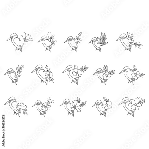 Bird line art style with flower and leaves