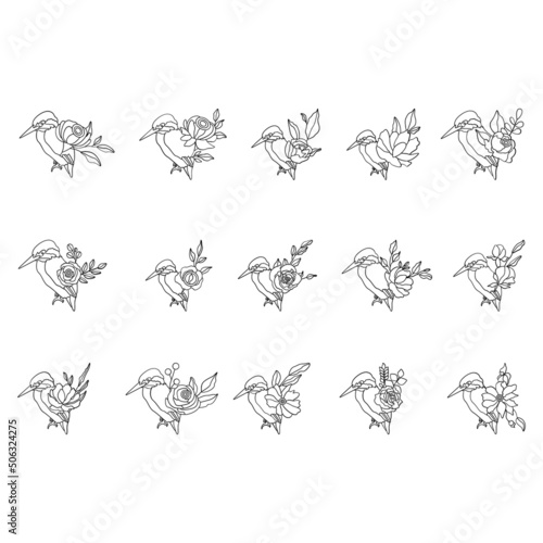 Bird line art style with flower and leaves