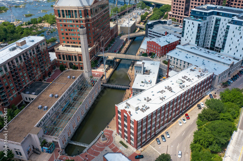 Aerial view of Canal Walk on a sunny day in Richmond Virginia.