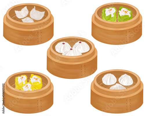 Chinese food style, Top view of pork, Shrimp and Prawns dumpling, Kui Chai or Chinese dumpling and Roasted pork bun on white background, Hand drawn of collection food concept, Great for menu, Dim Sum
