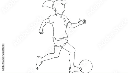 One continuous line.Kids games.Little girl is playing ball. The child runs with the ball. Kid in play. One continuous line drawn isolated, white background.