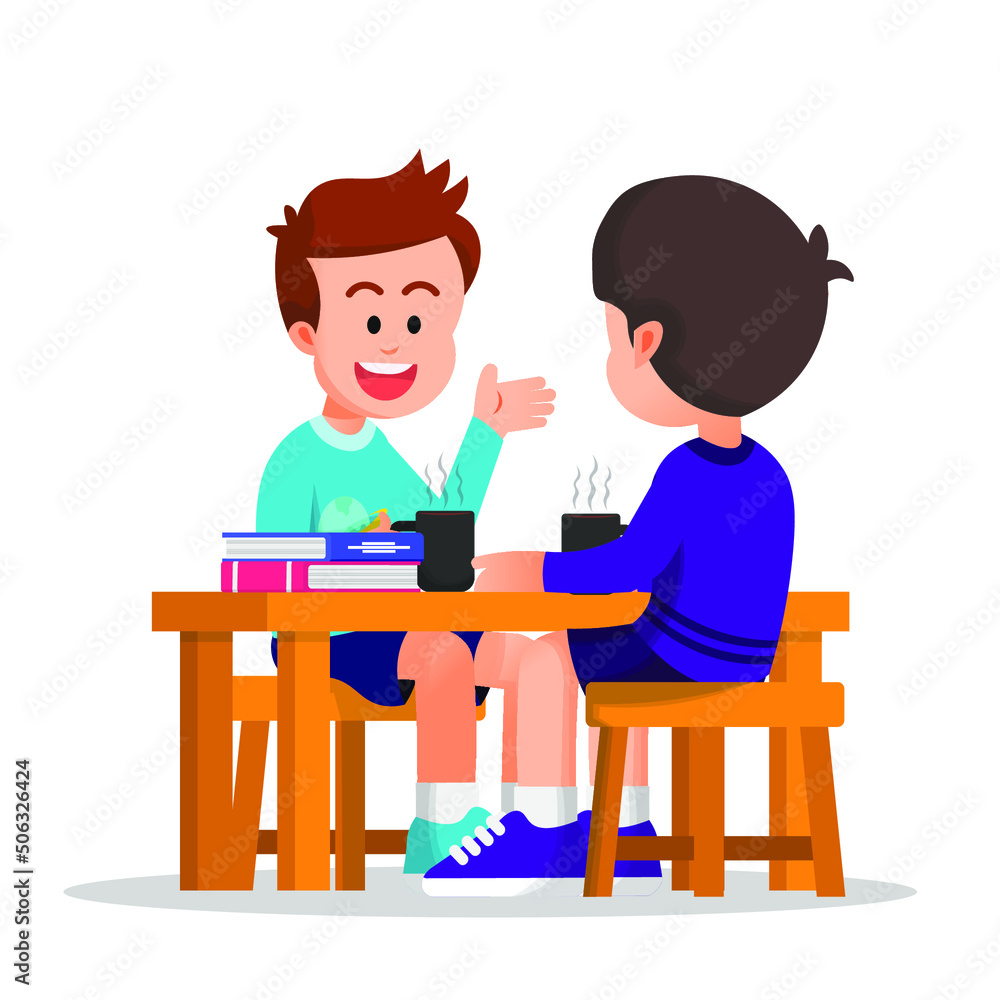 happy boy discussing with his friend while sitting and holding a mug