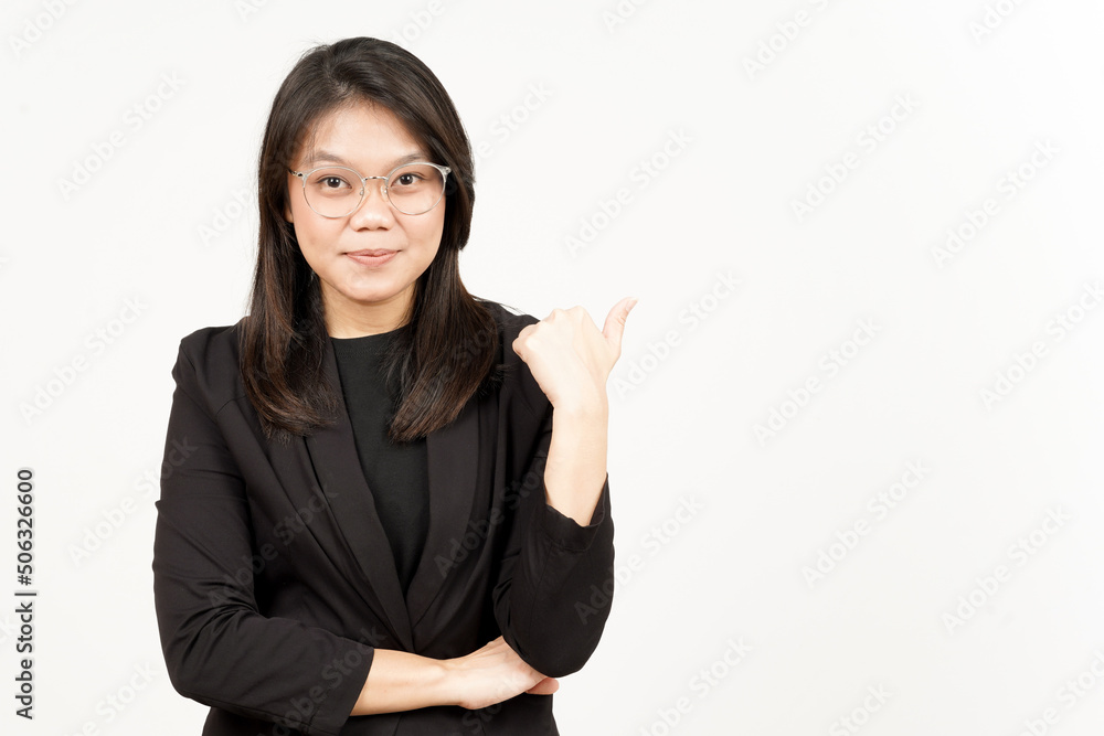 Presenting and Pointing Side Product Using Thumb Of Beautiful Asian Woman Wearing Black Blazer Presenting and Pointing Side Product Using Thumb Of Beautiful Asian Woman Wearing Black Blazer
