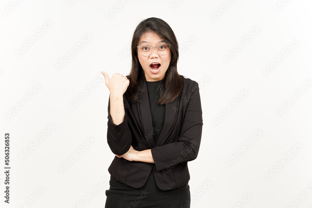 Presenting and Pointing Side Product Using Thumb Of Beautiful Asian Woman Wearing Black Blazer Presenting and Pointing Side Product Using Thumb Of Beautiful Asian Woman Wearing Black Blazer