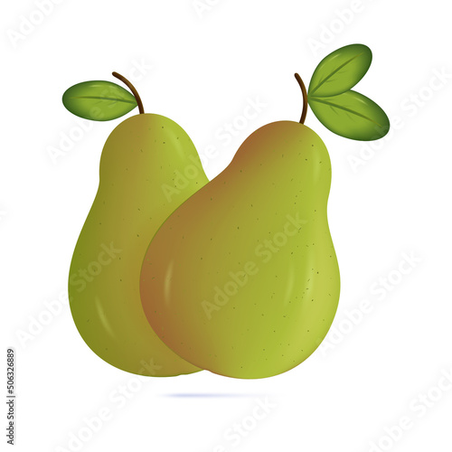 3d pear icon. Two ripe, autumn fruits isolated on white. The concept of natural, proper, fresh food, sweet dessert. Natural green pear on a branch with leaves,  design decoration. Vector illustration 