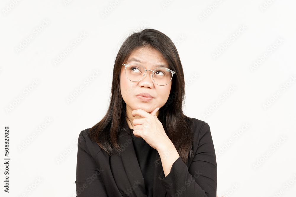 Thinking Gesture Of Beautiful Asian Woman Wearing Black Blazer Isolated On White Background Thinking Gesture Of Beautiful Asian Woman Wearing Black Blazer Isolated On White Background