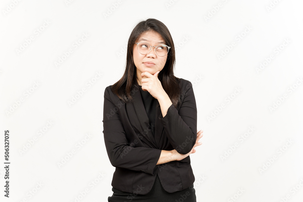 Thinking Gesture Of Beautiful Asian Woman Wearing Black Blazer Isolated On White Background Thinking Gesture Of Beautiful Asian Woman Wearing Black Blazer Isolated On White Background
