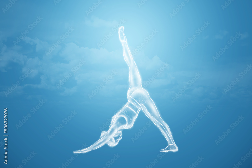 A neon image of a girl, a hologram of a girl in a yoga pose with a raised leg, or a Pilates figure. Standing in one position, healthy lifestyle, relaxation, reboot. 3D render, 3D illustration