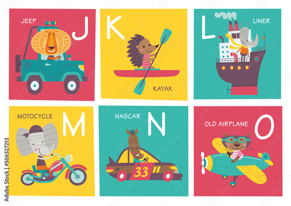 Fototapeta premium Cute vector alphabet with animals and transport in cartoon style. J, K, L, M, N, O. Part 3.