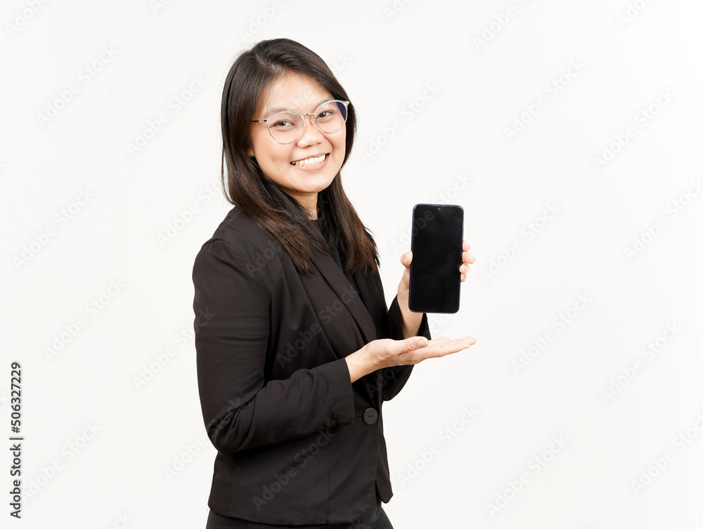 Showing Apps or Ads On Blank Screen Smartphone Of Beautiful Asian Woman Wearing Black Blazer Showing Apps or Ads On Blank Screen Smartphone Of Beautiful Asian Woman Wearing Black Blazer