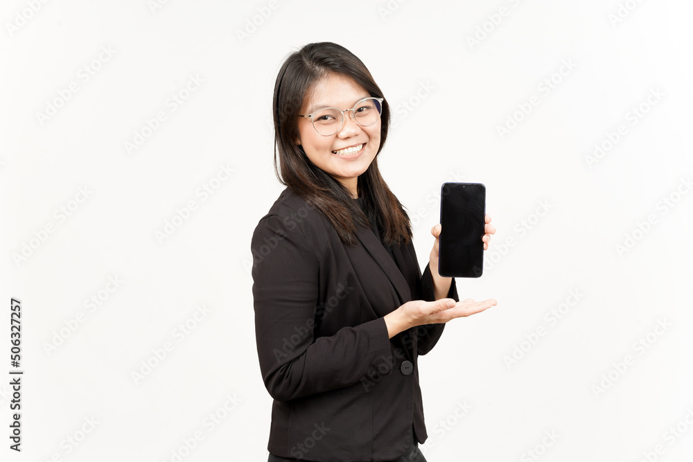Showing Apps or Ads On Blank Screen Smartphone Of Beautiful Asian Woman Wearing Black Blazer Showing Apps or Ads On Blank Screen Smartphone Of Beautiful Asian Woman Wearing Black Blazer