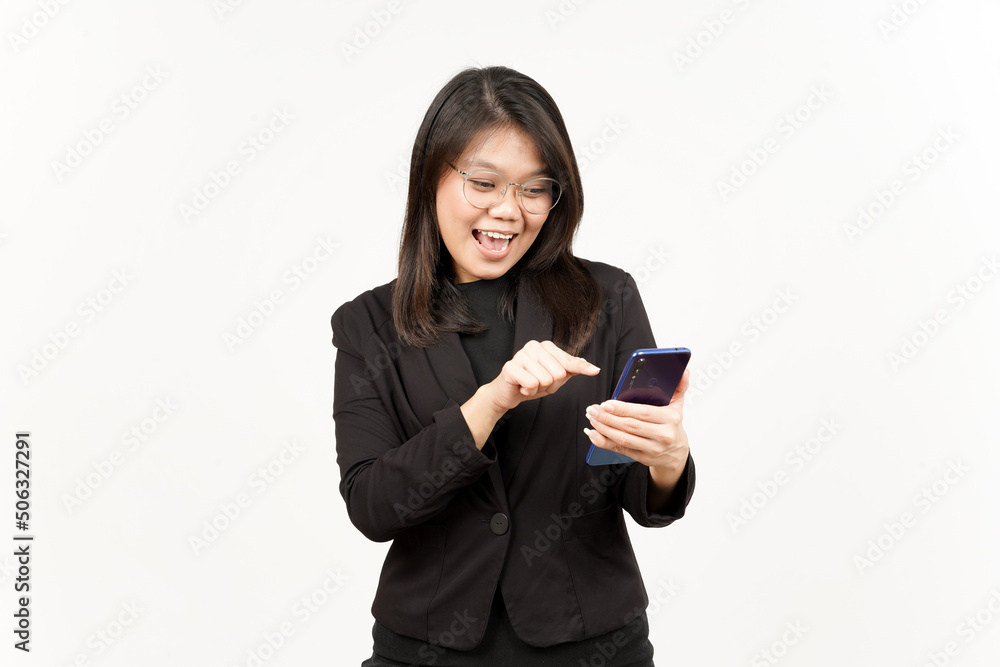 Happy Face and Using Smartphone Of Beautiful Asian Woman Wearing Black Blazer Isolated On White Happy Face and Using Smartphone Of Beautiful Asian Woman Wearing Black Blazer Isolated On White