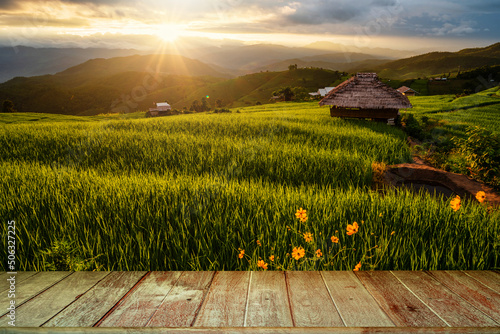 Wood textureAbstract Old Wooden Tabletop Against Rice Terrace At Sunset. photo