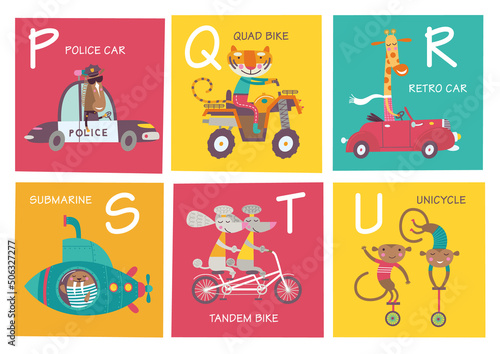 Cute vector alphabet with animals and transport in cartoon style. P, Q, R, S, T, U. Part 4.