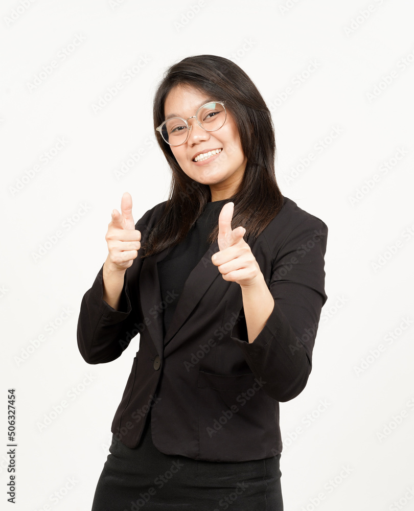 Smile and Pointing to Camera Of Beautiful Asian Woman Wearing Black Blazer Isolated On White Smile and Pointing to Camera Of Beautiful Asian Woman Wearing Black Blazer Isolated On White