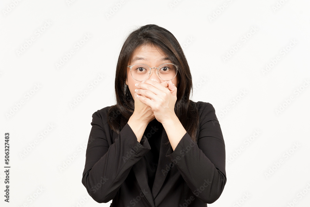Shocked and Covering Mouth Of Beautiful Asian Woman Wearing Black Blazer Isolated On White Shocked and Covering Mouth Of Beautiful Asian Woman Wearing Black Blazer Isolated On White