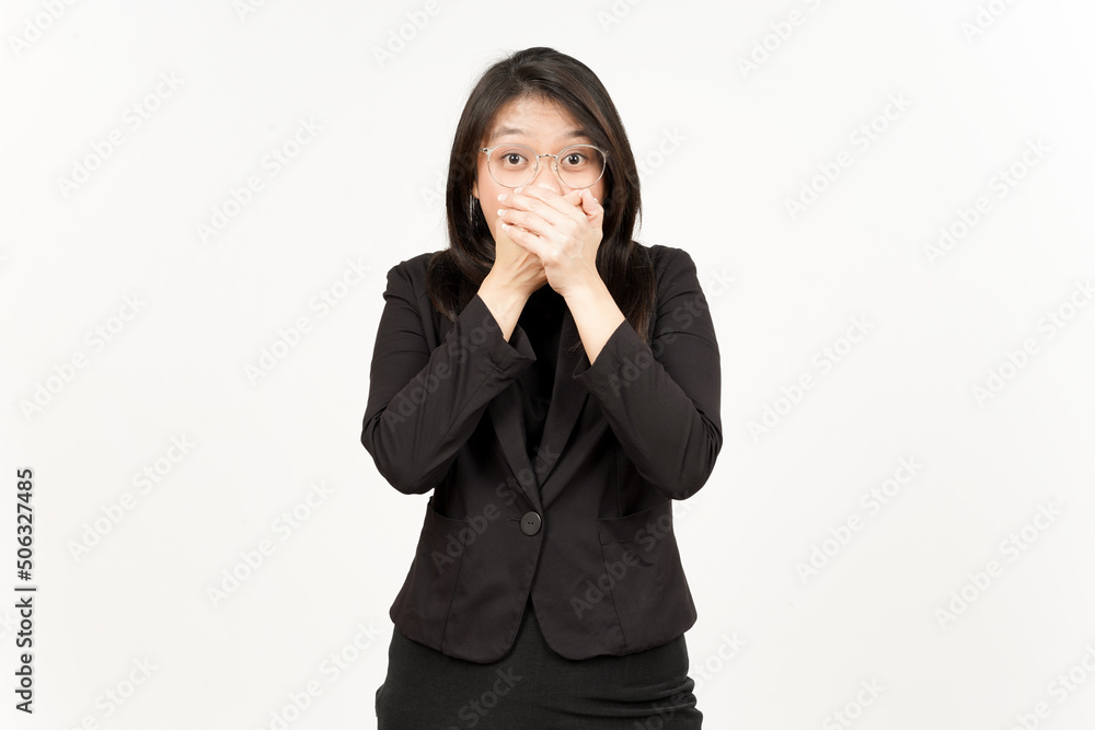 Shocked and Covering Mouth Of Beautiful Asian Woman Wearing Black Blazer Isolated On White Shocked and Covering Mouth Of Beautiful Asian Woman Wearing Black Blazer Isolated On White