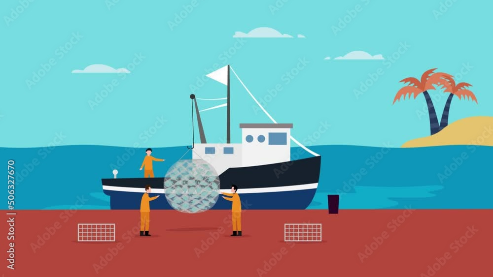 Group of fishermen unloading many fish in the net Group of fishermen unloading many fish in the net
