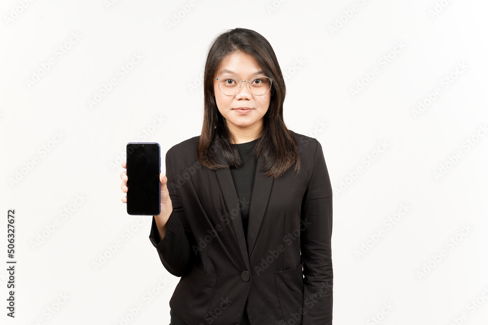 Showing Apps or Ads On Blank Screen Smartphone Of Beautiful Asian Woman Wearing Black Blazer Showing Apps or Ads On Blank Screen Smartphone Of Beautiful Asian Woman Wearing Black Blazer