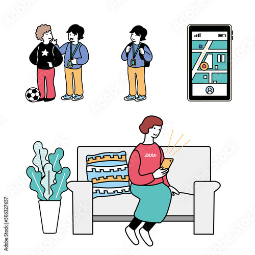 スマートフォンを使う親子のシンプルなイラストセット
