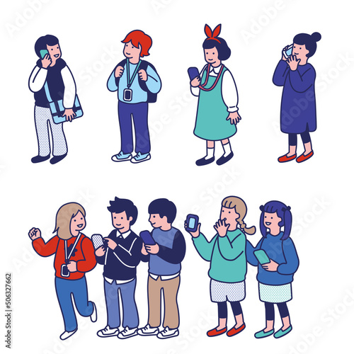 スマートフォンを使う人々のシンプルなイラスト
