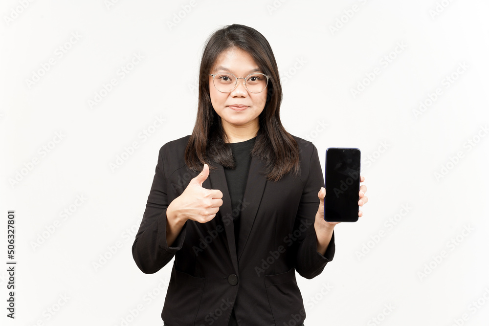 Showing Apps or Ads On Blank Screen Smartphone Of Beautiful Asian Woman Wearing Black Blazer Showing Apps or Ads On Blank Screen Smartphone Of Beautiful Asian Woman Wearing Black Blazer