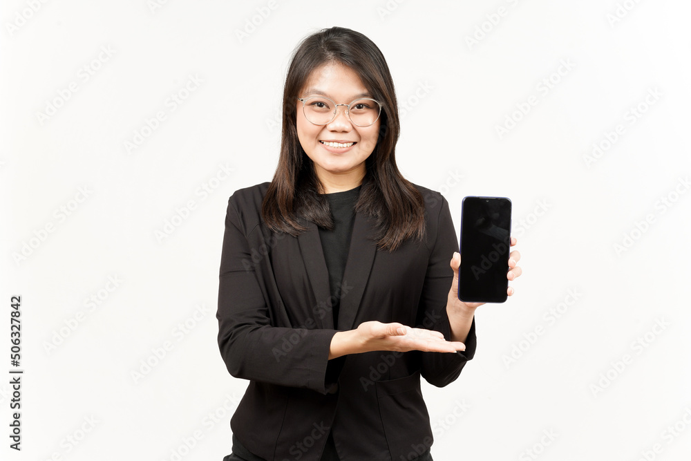 Showing Apps or Ads On Blank Screen Smartphone Of Beautiful Asian Woman Wearing Black Blazer Showing Apps or Ads On Blank Screen Smartphone Of Beautiful Asian Woman Wearing Black Blazer