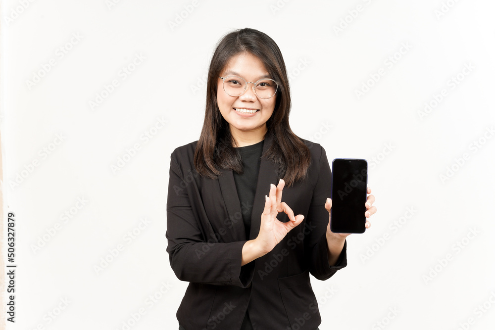 Showing Apps or Ads On Blank Screen Smartphone Of Beautiful Asian Woman Wearing Black Blazer Showing Apps or Ads On Blank Screen Smartphone Of Beautiful Asian Woman Wearing Black Blazer